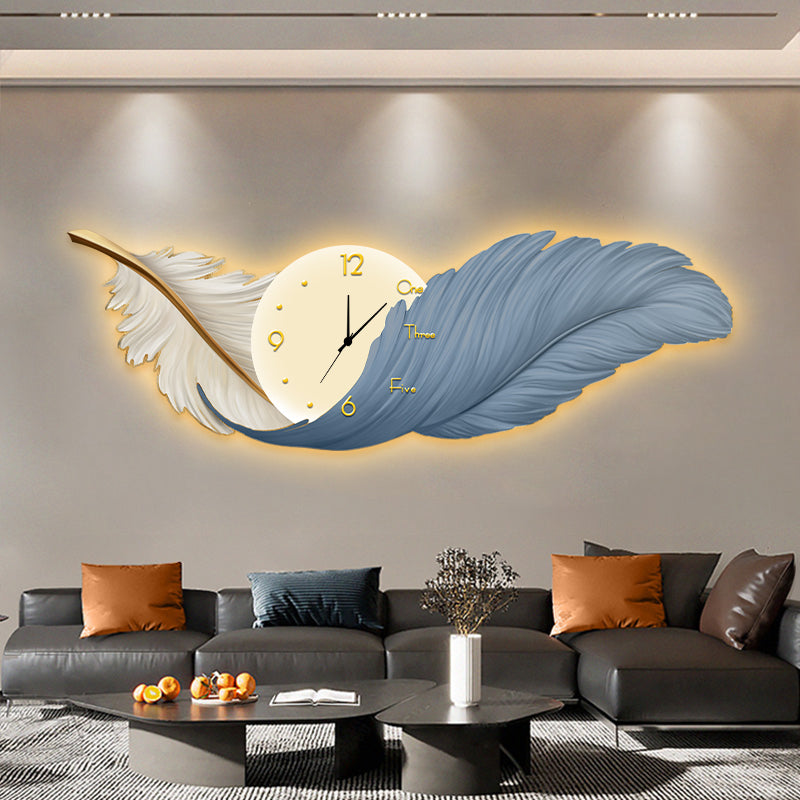 Feather Elegance Wall Art with LED Border and Clock