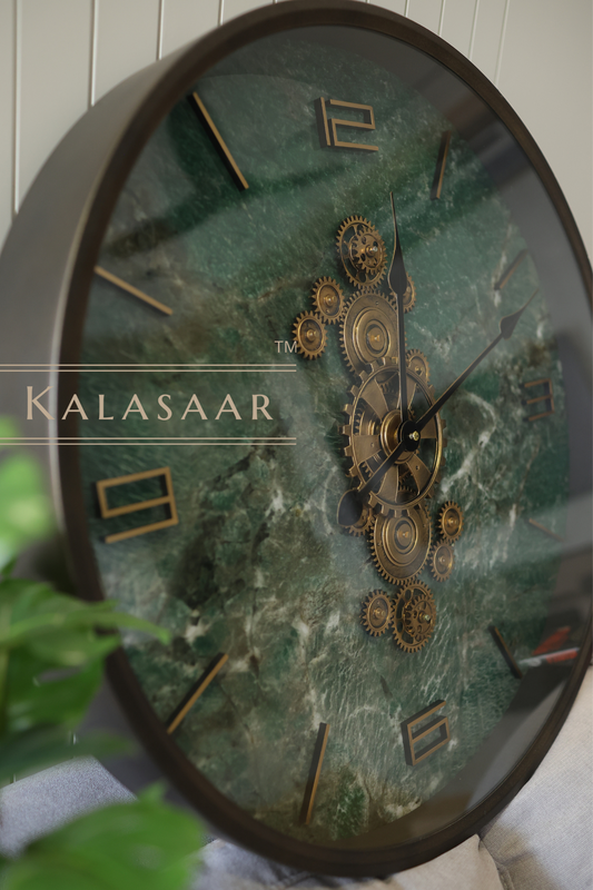 Premium 60 cm Metal Wall Clock with Gear & Ocean Green Marble-Finish Background