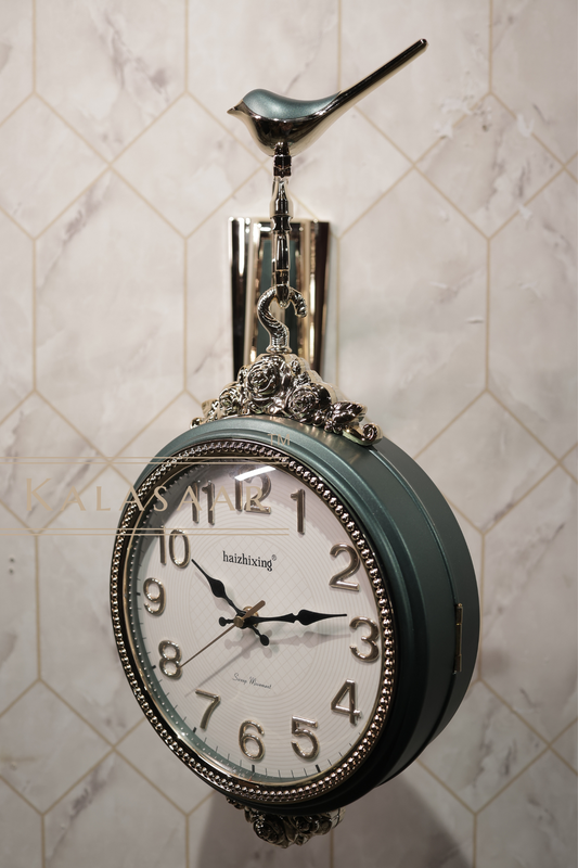 Vintage Dual-Sided Wall Clock – Elegant Green with Sparrow Accent