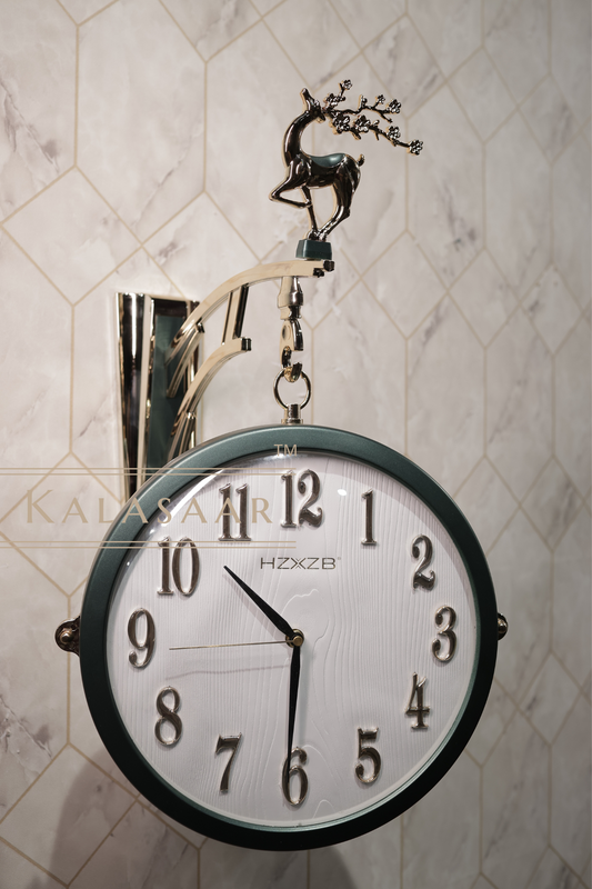 Timeless Vintage Dual-Sided Wall Clock – Green Elegance with Majestic Deer Accent
