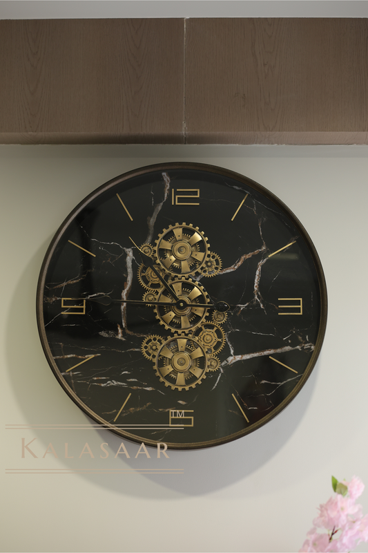 Premium 60 cm Metal Wall Clock with Gear & Black Marble-Finish Background