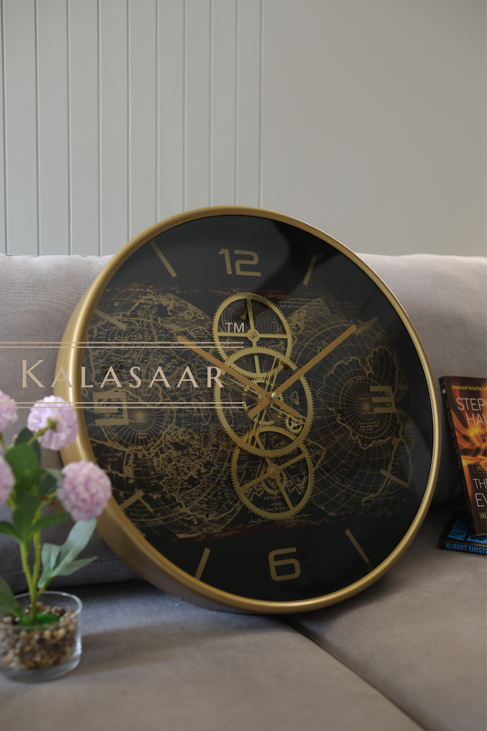 Premium Metal Gear Wall Clock with Golden Outer Body & Geometric Dial