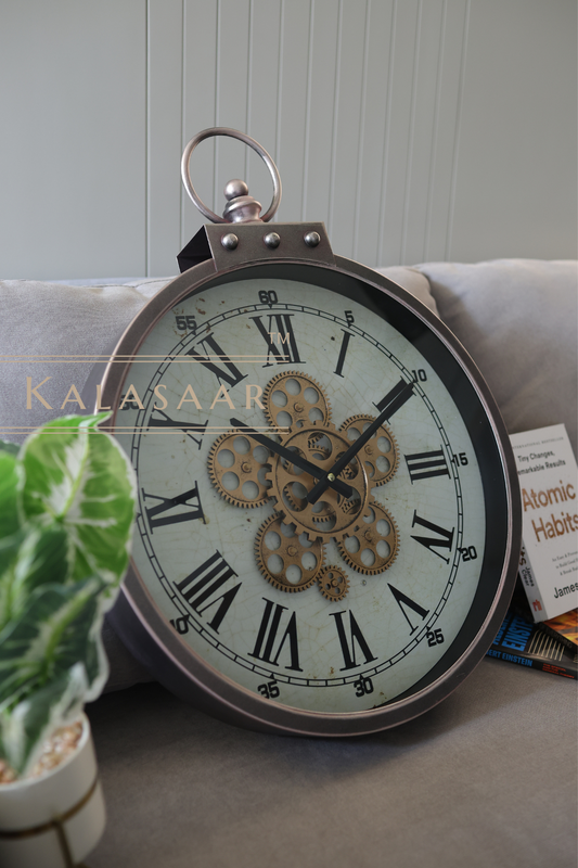 Premium Silver Metal Wall Clock with Moving Gears