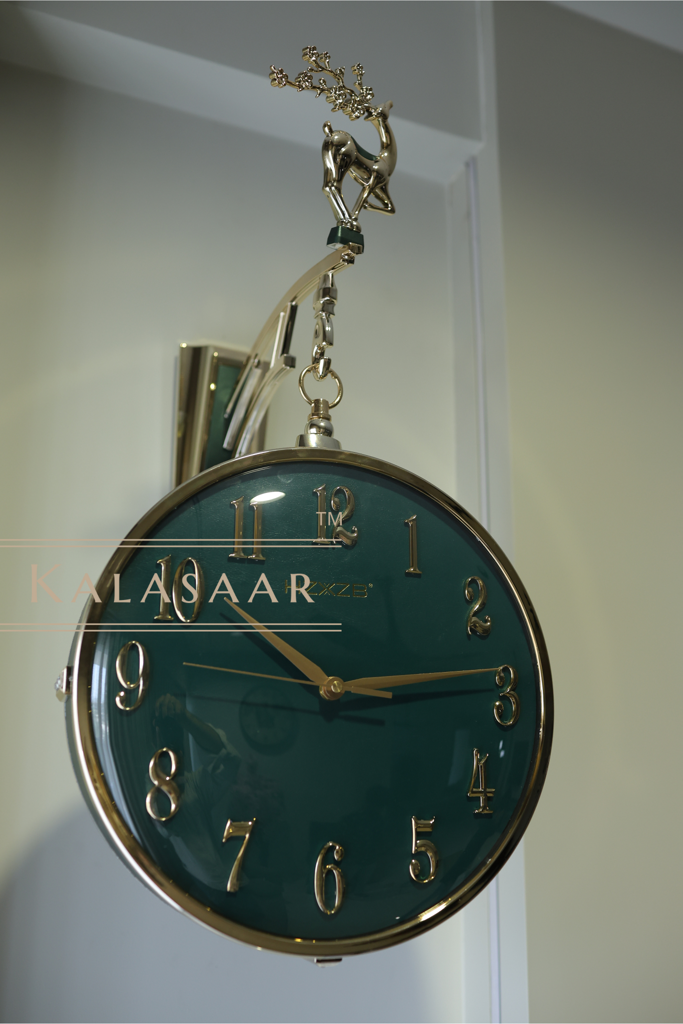 Elegant Double-Sided Wall Clock with Deer Top – Green