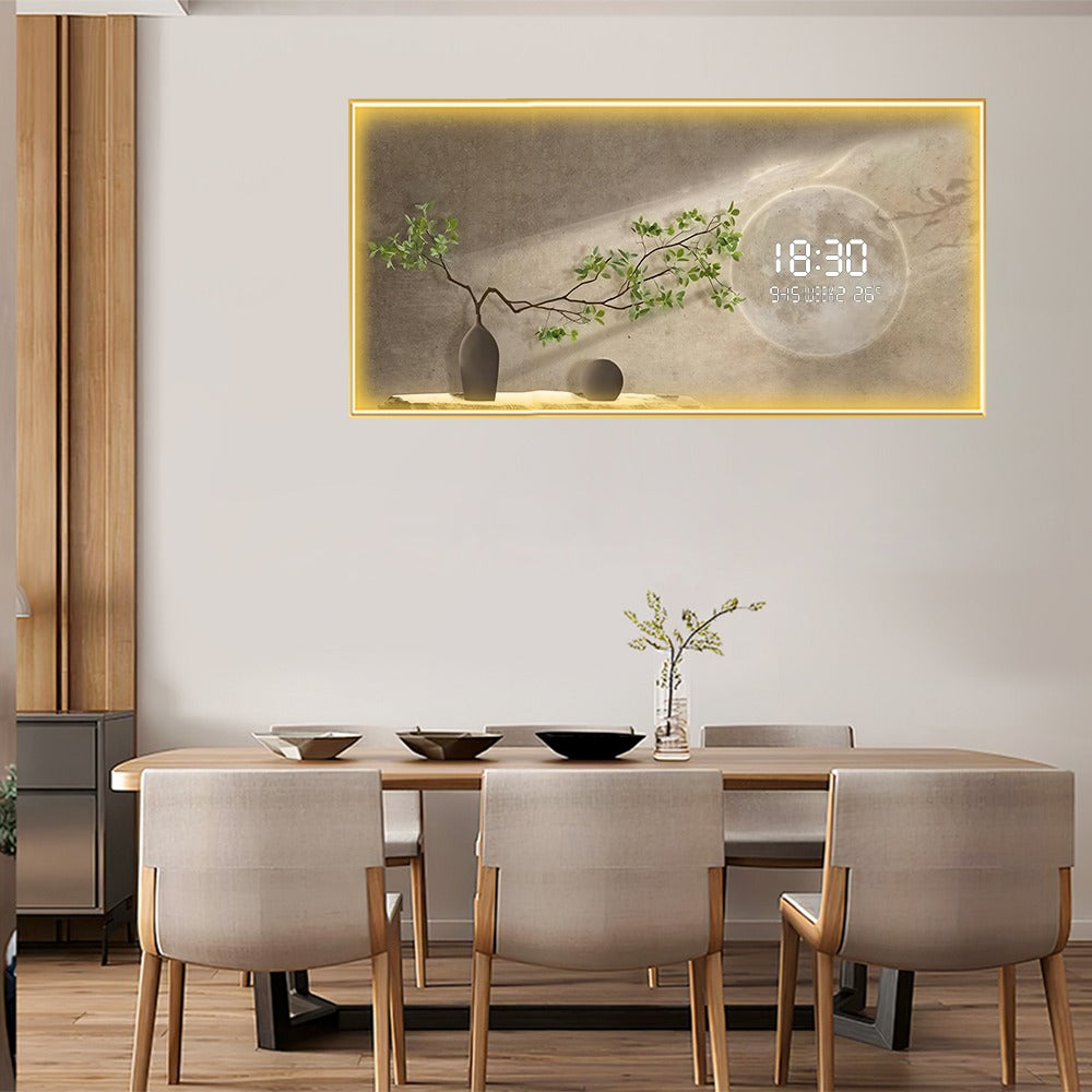 LED Mirror Wall Art with Digital Clock & Vase Design