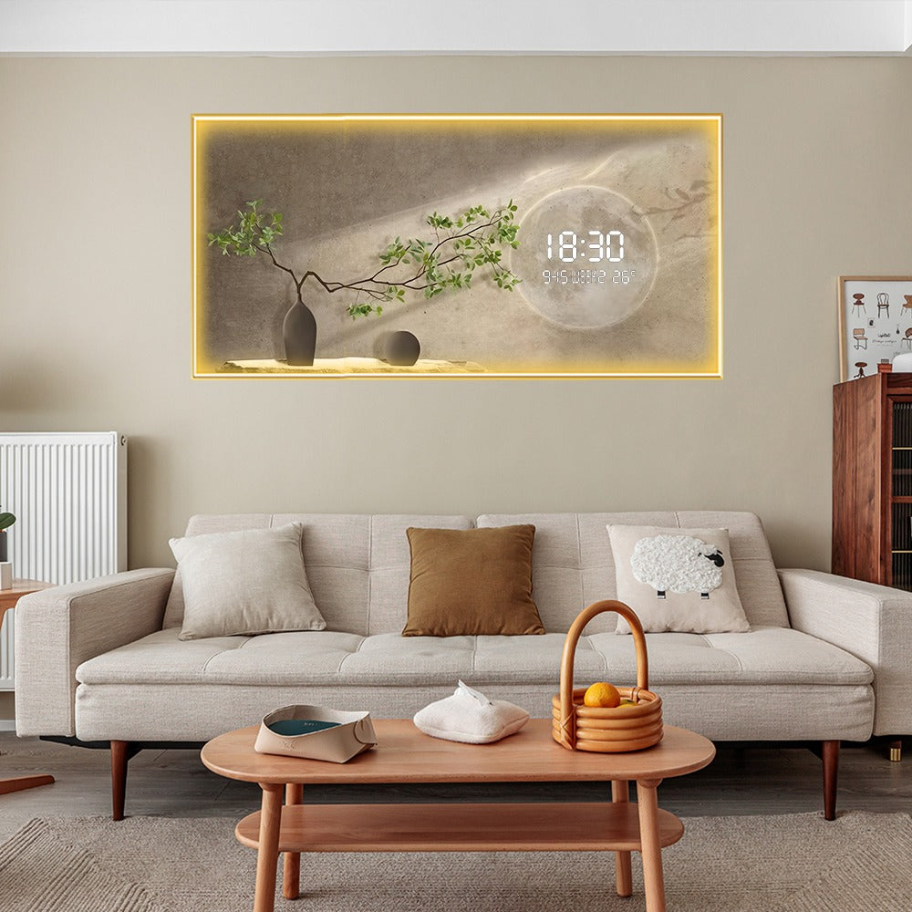 LED Mirror Wall Art with Digital Clock & Vase Design