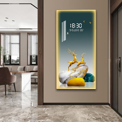 Golden Deer LED Wall Art with Digital Clock & Temperature Display