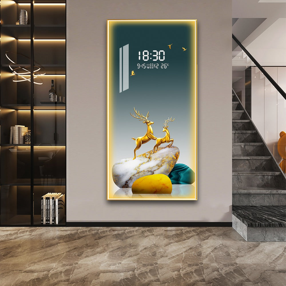 Golden Deer LED Wall Art with Digital Clock & Temperature Display