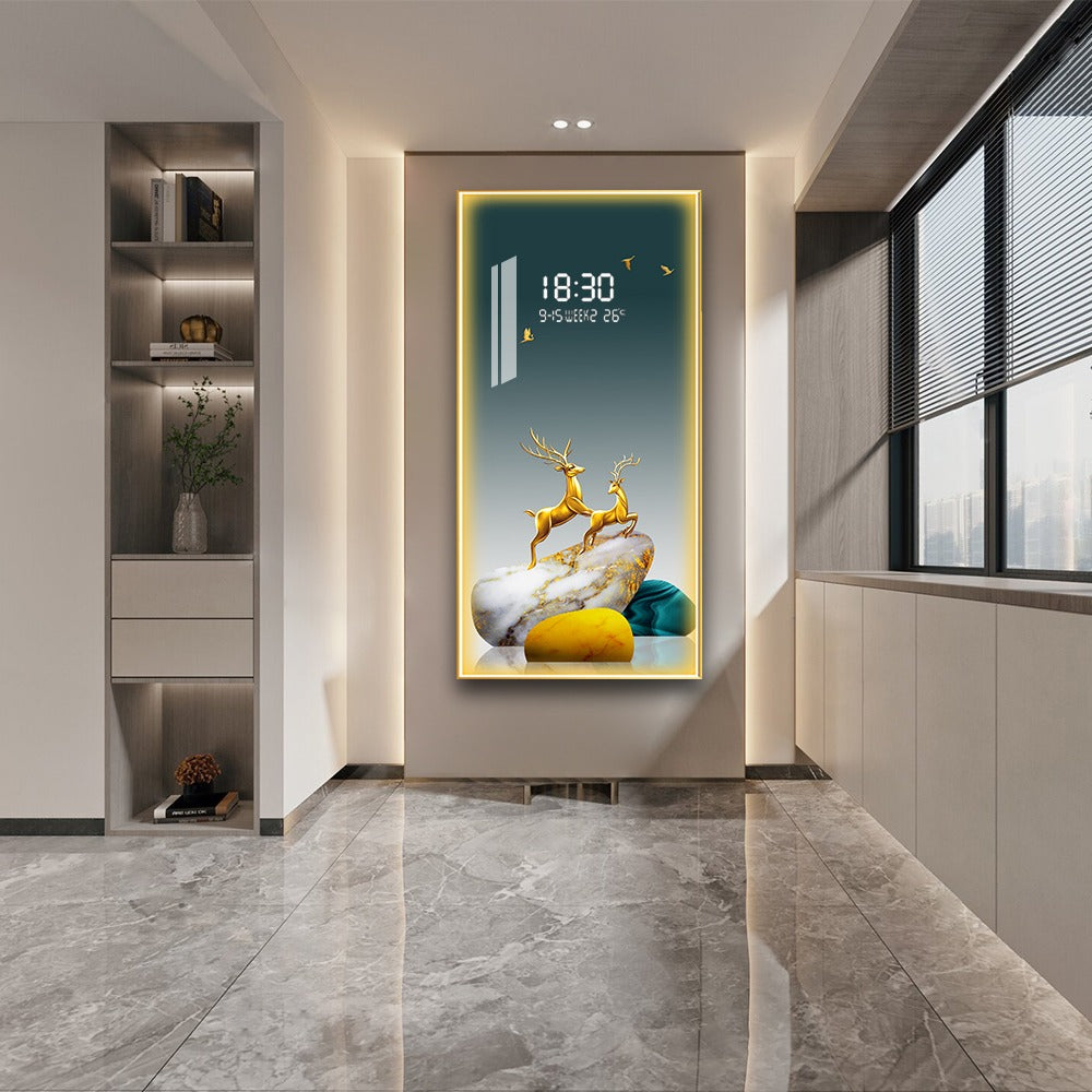 Golden Deer LED Wall Art with Digital Clock & Temperature Display