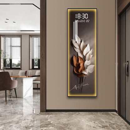 Elegant LED Wall Art with Digital Clock & Leaf Design