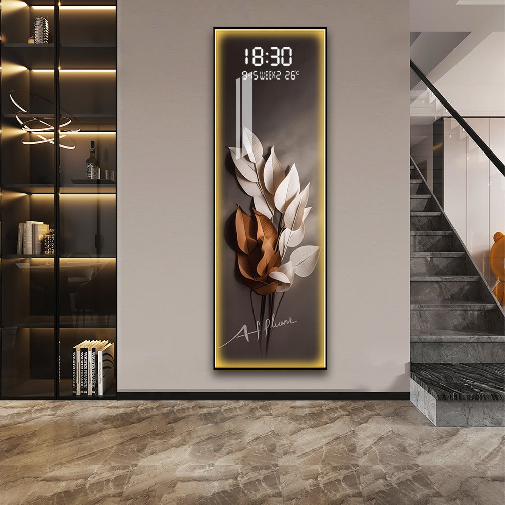 Elegant LED Wall Art with Digital Clock & Leaf Design