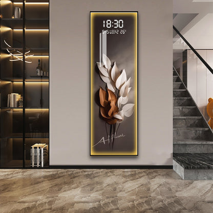 Elegant LED Wall Art with Digital Clock & Leaf Design