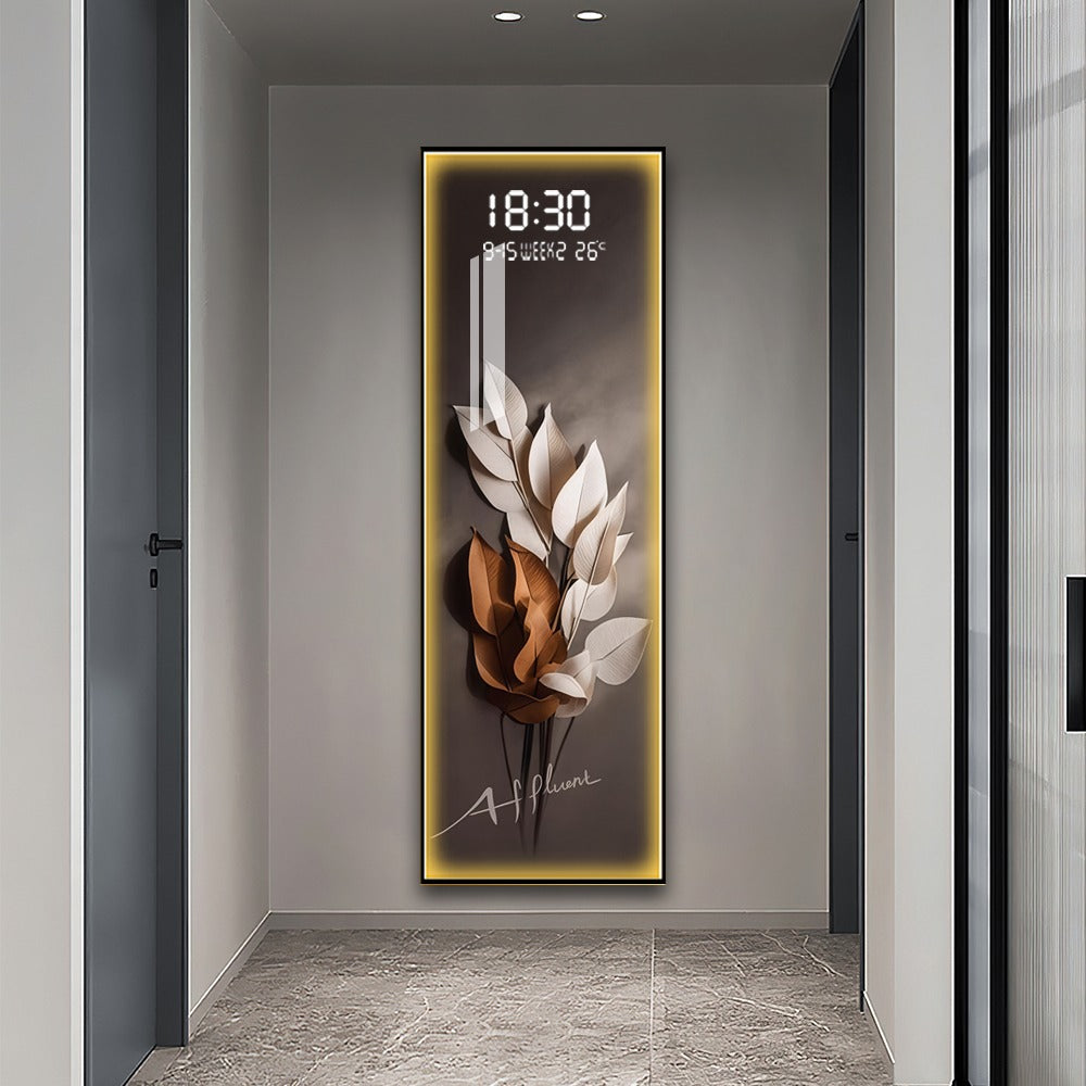 Elegant LED Wall Art with Digital Clock & Leaf Design