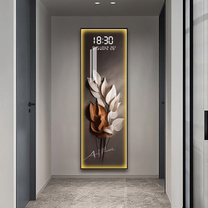 Elegant LED Wall Art with Digital Clock & Leaf Design