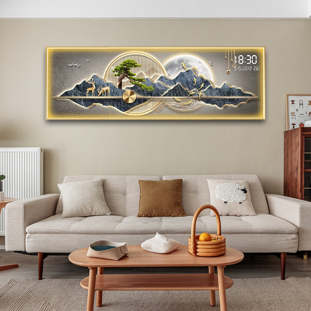 Scenic Deer Landscape LED Wall Art with Digital Clock