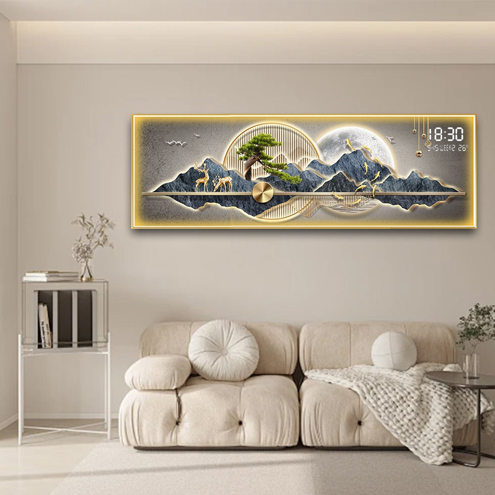 Scenic Deer Landscape LED Wall Art with Digital Clock