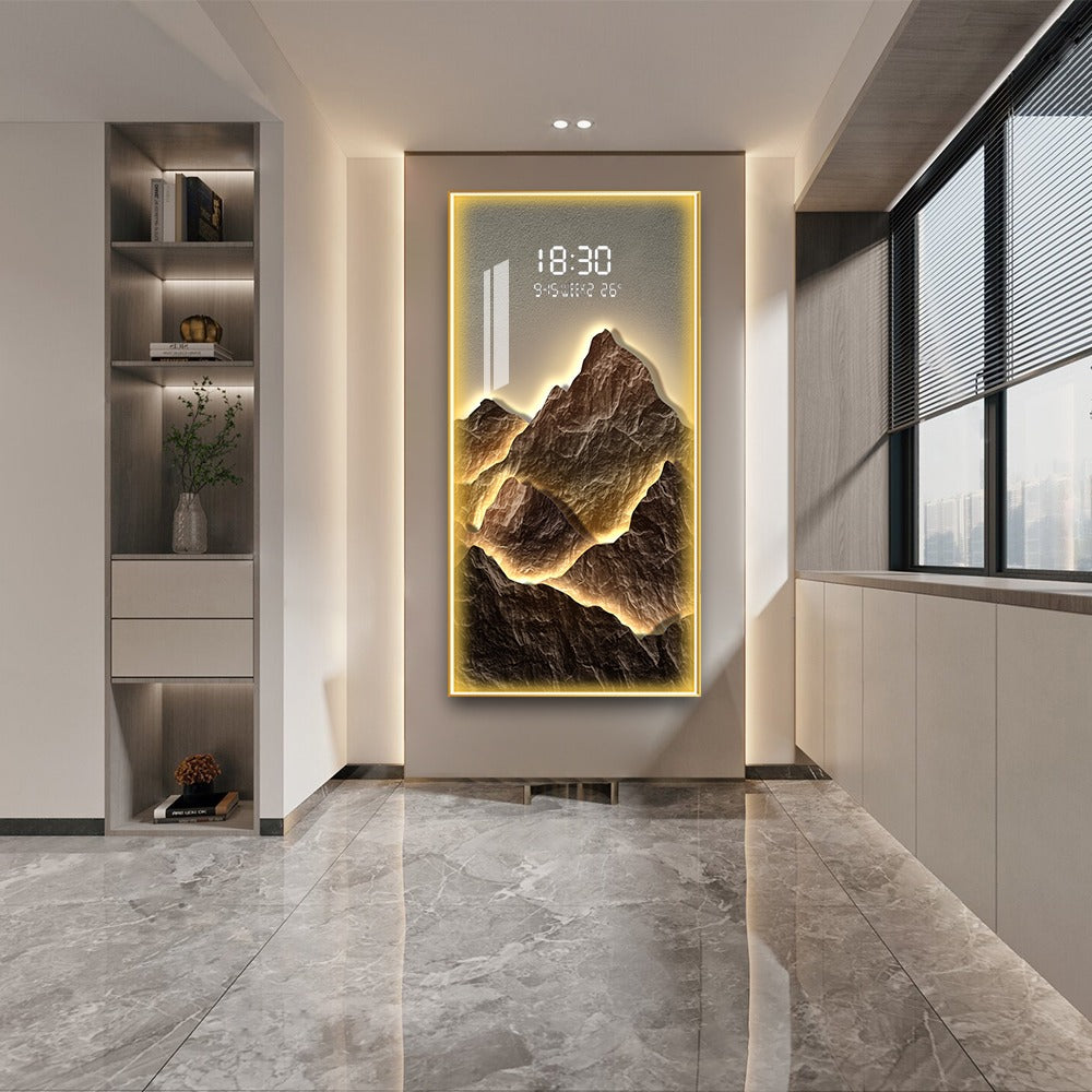 Golden Mountain LED Wall Art with Digital Clock Display