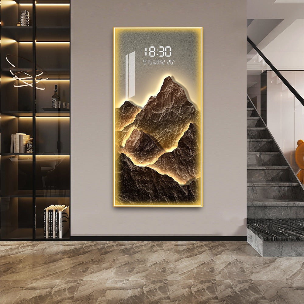 Golden Mountain LED Wall Art with Digital Clock Display
