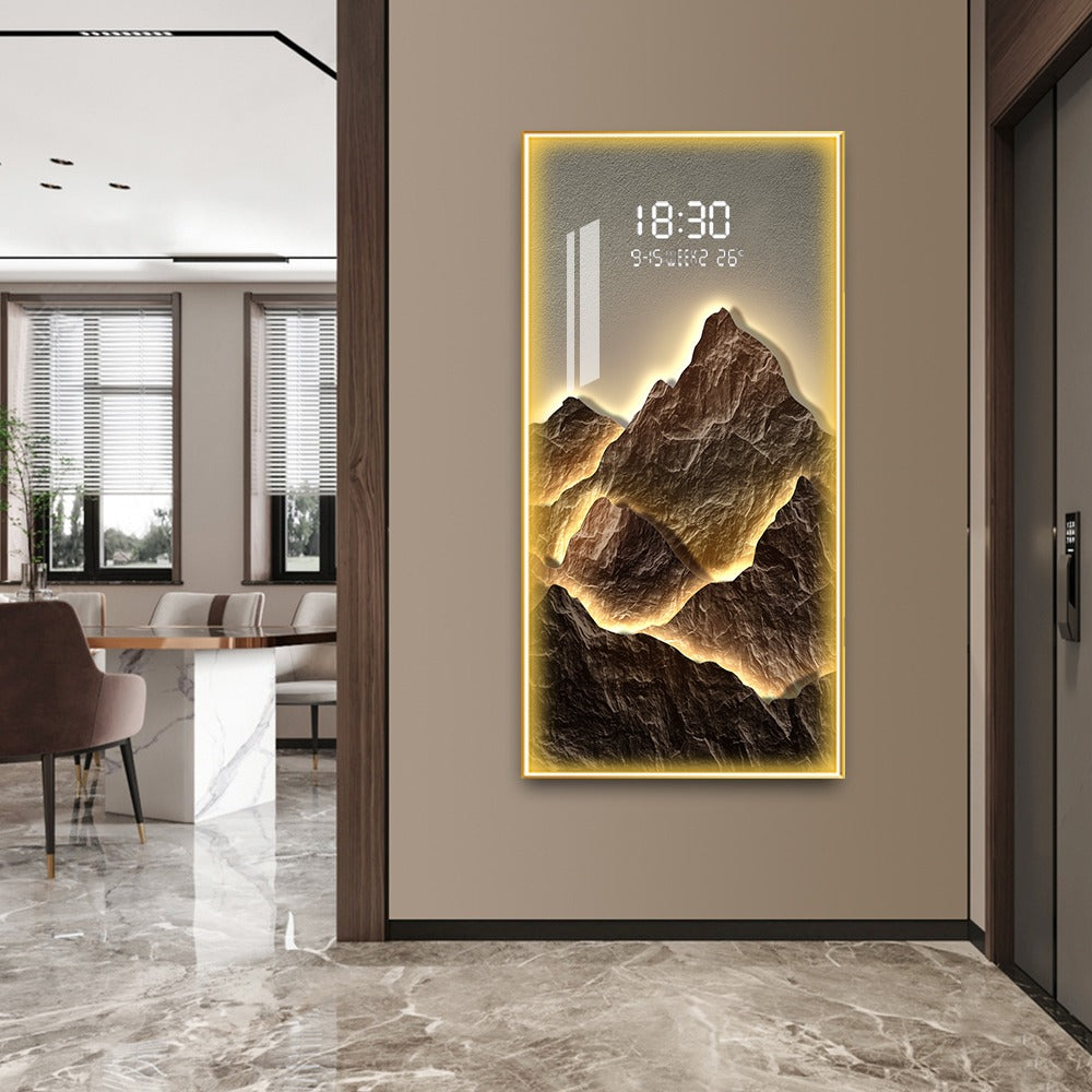 Golden Mountain LED Wall Art with Digital Clock Display