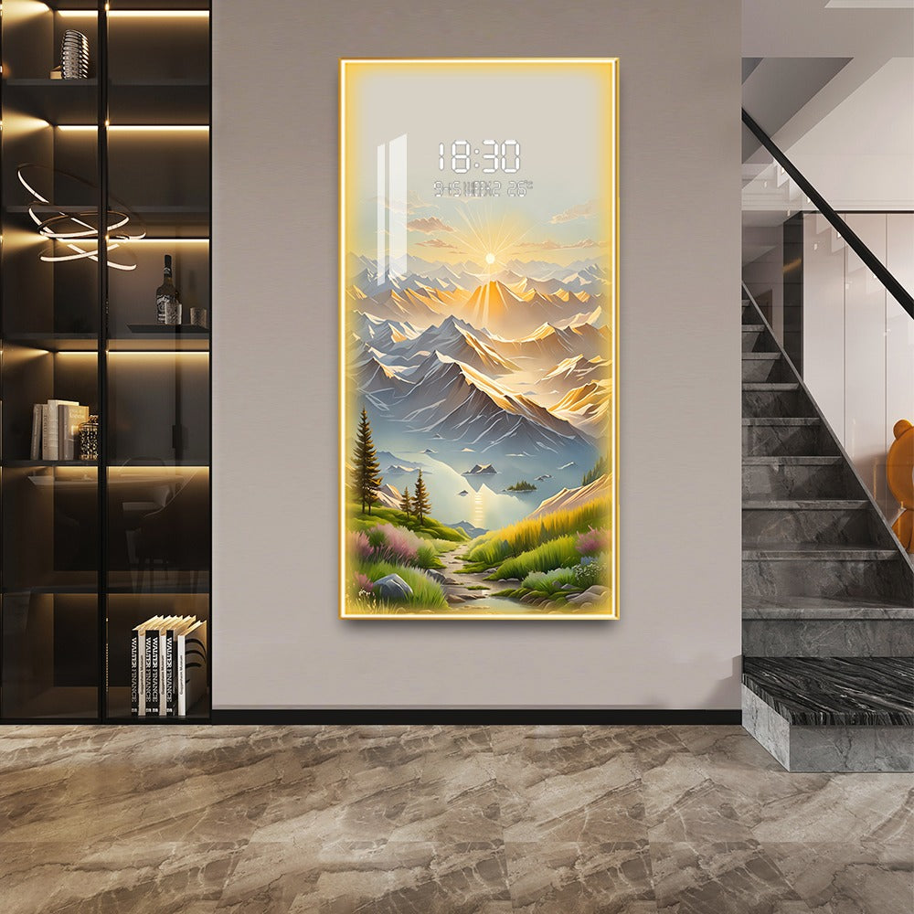 Sunlit Mountain Landscape LED Wall Art with Digital Clock