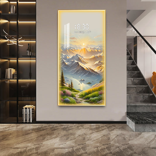 Sunlit Mountain Landscape LED Wall Art with Digital Clock