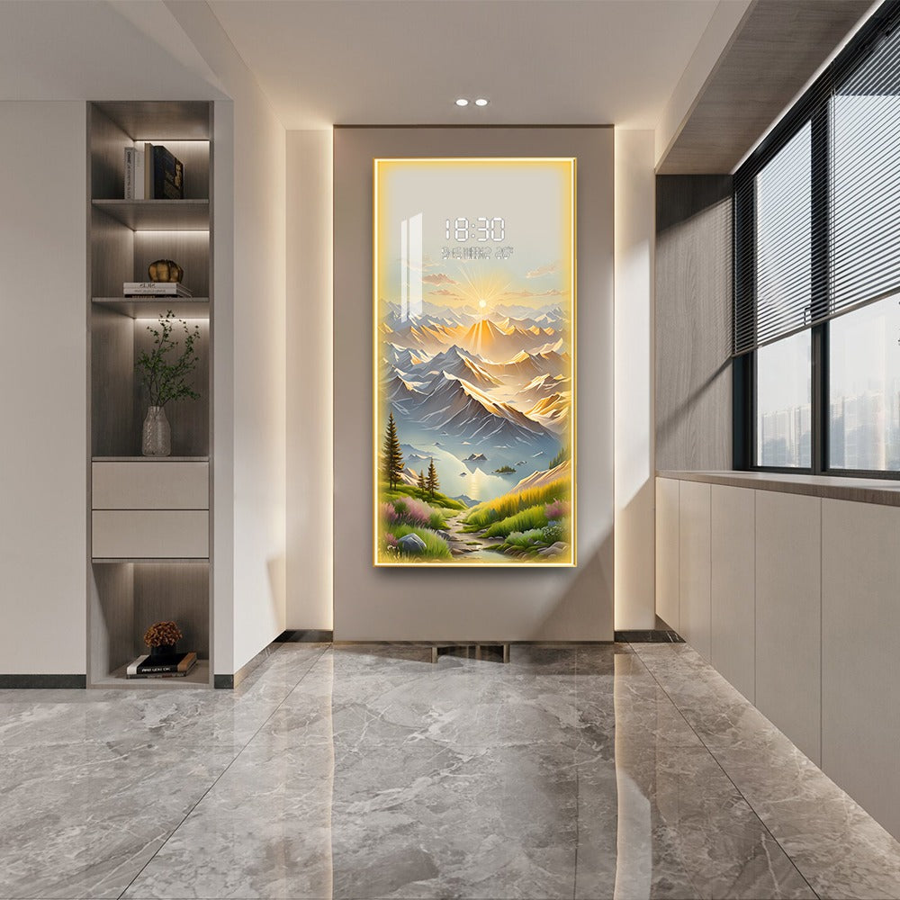 Sunlit Mountain Landscape LED Wall Art with Digital Clock