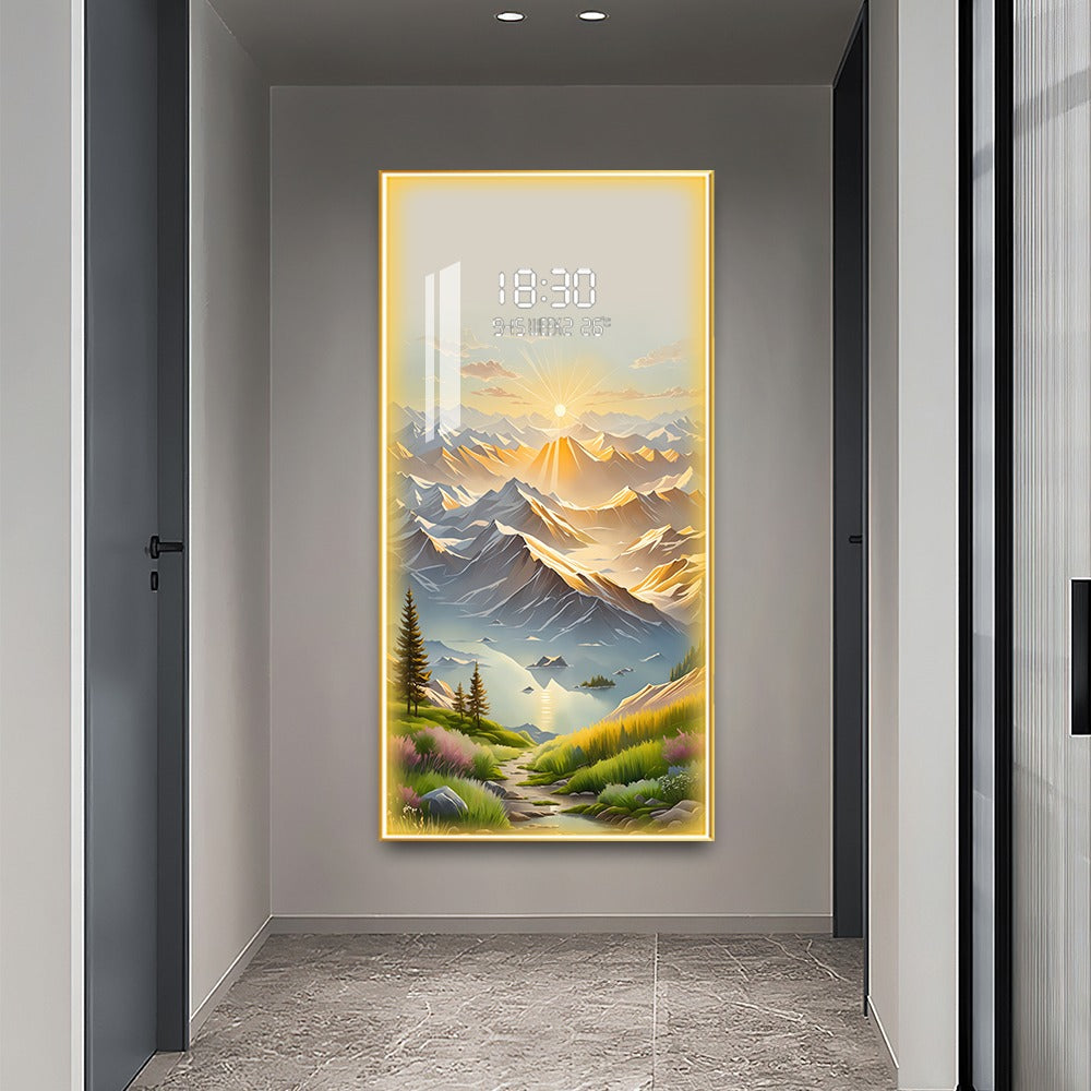 Sunlit Mountain Landscape LED Wall Art with Digital Clock