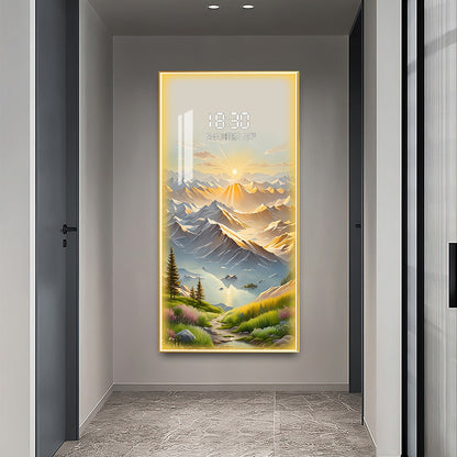 Sunlit Mountain Landscape LED Wall Art with Digital Clock