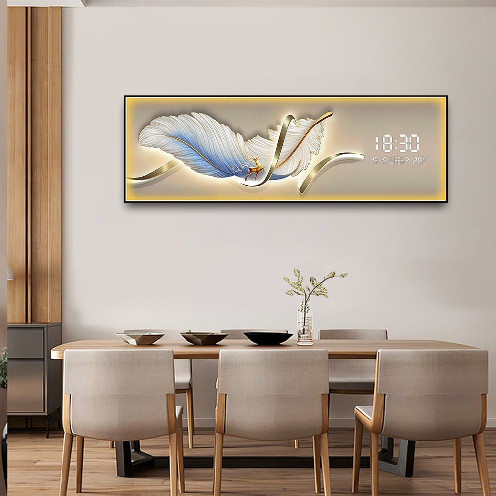 Feather Elegance LED Wall Art with Digital Clock & Golden Deer
