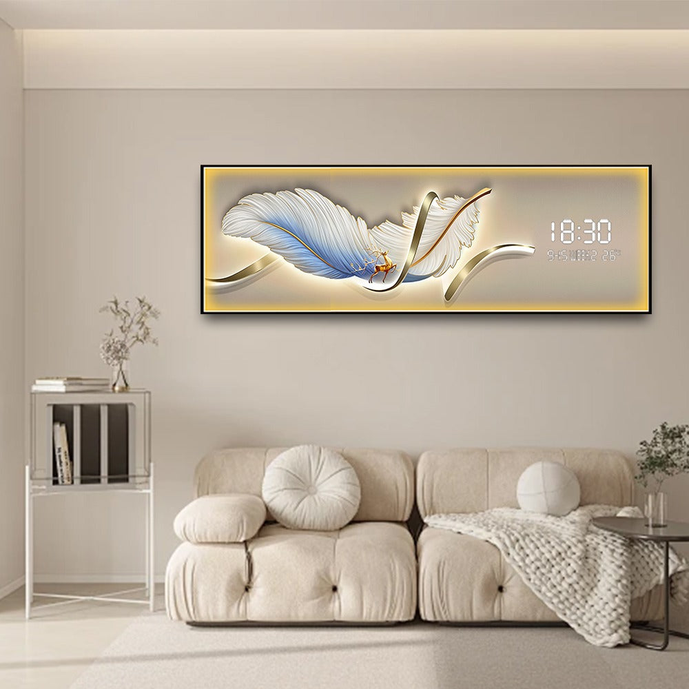 Feather Elegance LED Wall Art with Digital Clock & Golden Deer