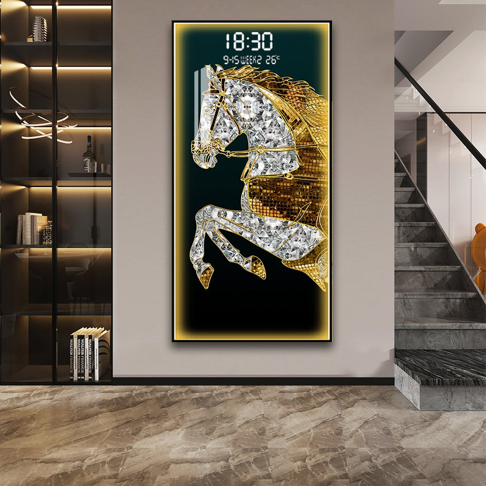 Galloping Horse Luxury LED Wall Art with Digital Clock Display