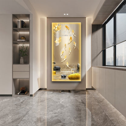 Golden Koi & Ginkgo LED Wall Art with Digital Clock Display