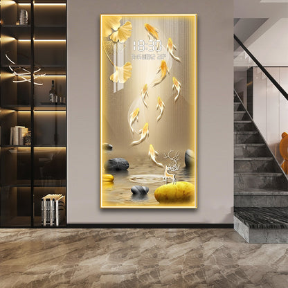 Golden Koi & Ginkgo LED Wall Art with Digital Clock Display
