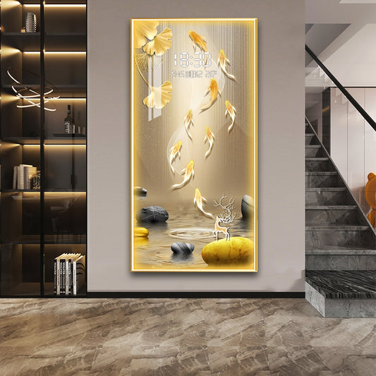 Golden Koi & Ginkgo LED Wall Art with Digital Clock Display