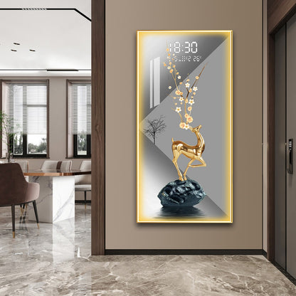 Golden Deer & Blossom LED Wall Art with Digital Clock Display