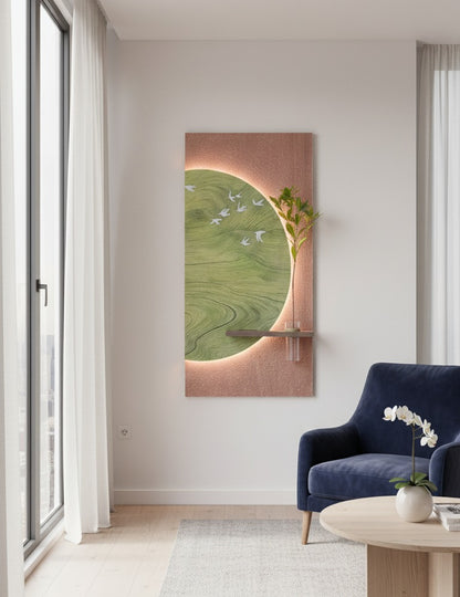 Circle of Flight – Illuminated Sandstone Panel with Birds & Plant Holder