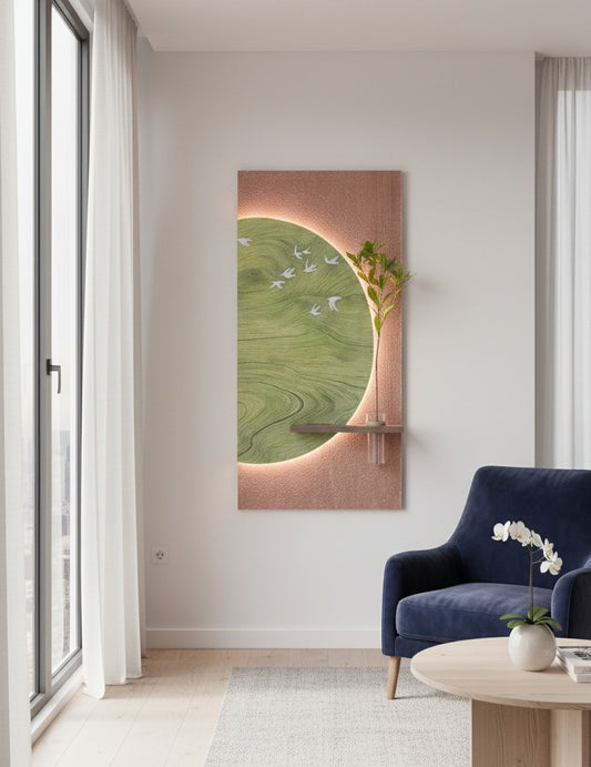 Circle of Flight – Illuminated Sandstone Panel with Birds & Plant Holder