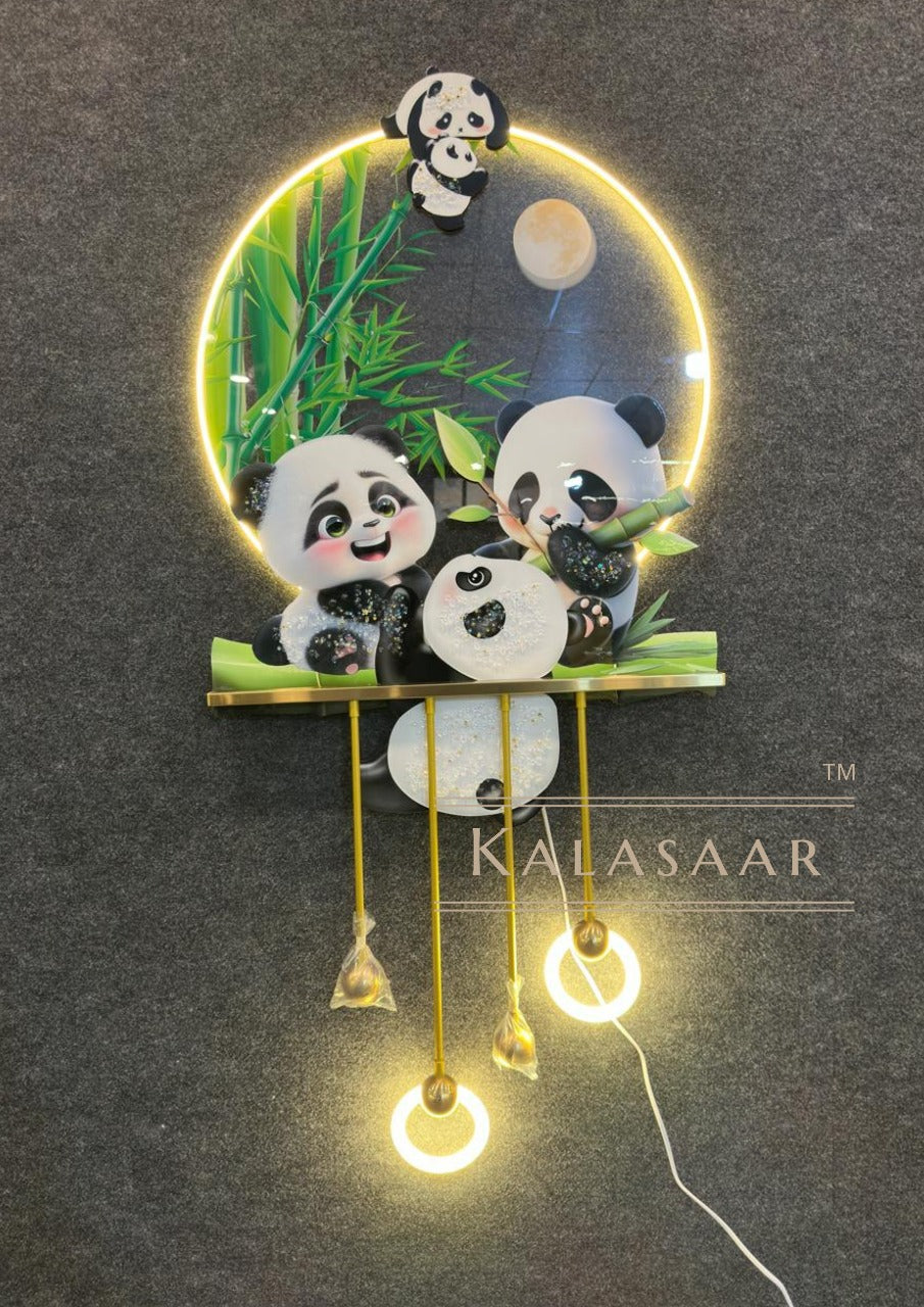 Panda Paradise: Metal Art with Hanging Lights & LED