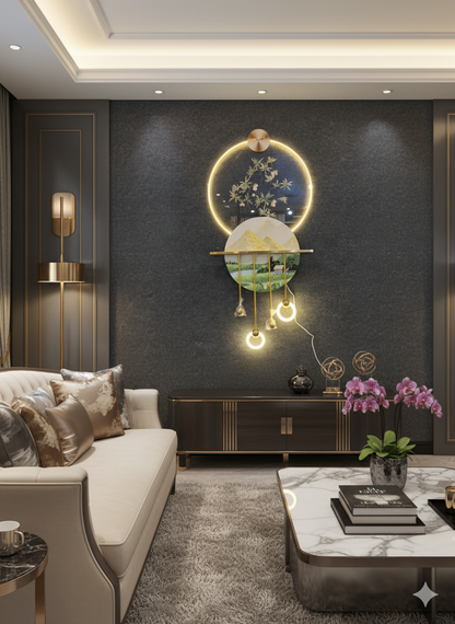 Twilight Harmony: Mountain & Lake Scene with Hanging Lights