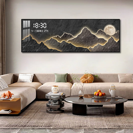 Lunar Elegance: Black & Gold Mountain Painting with Digital Clock