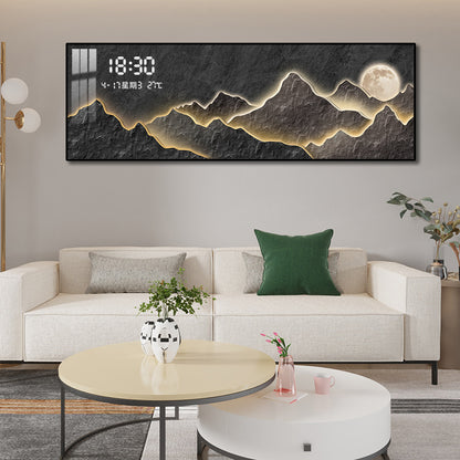 Lunar Elegance: Black & Gold Mountain Painting with Digital Clock