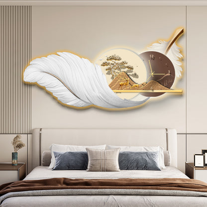 Serene Deer Landscape with Feather and Clock Wall Art