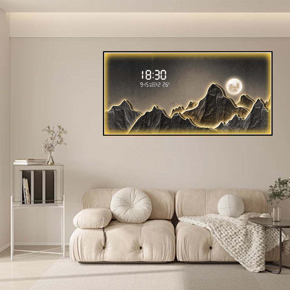 Modern LED Mountain Night Scene Wall Art with Smart Digital Clock