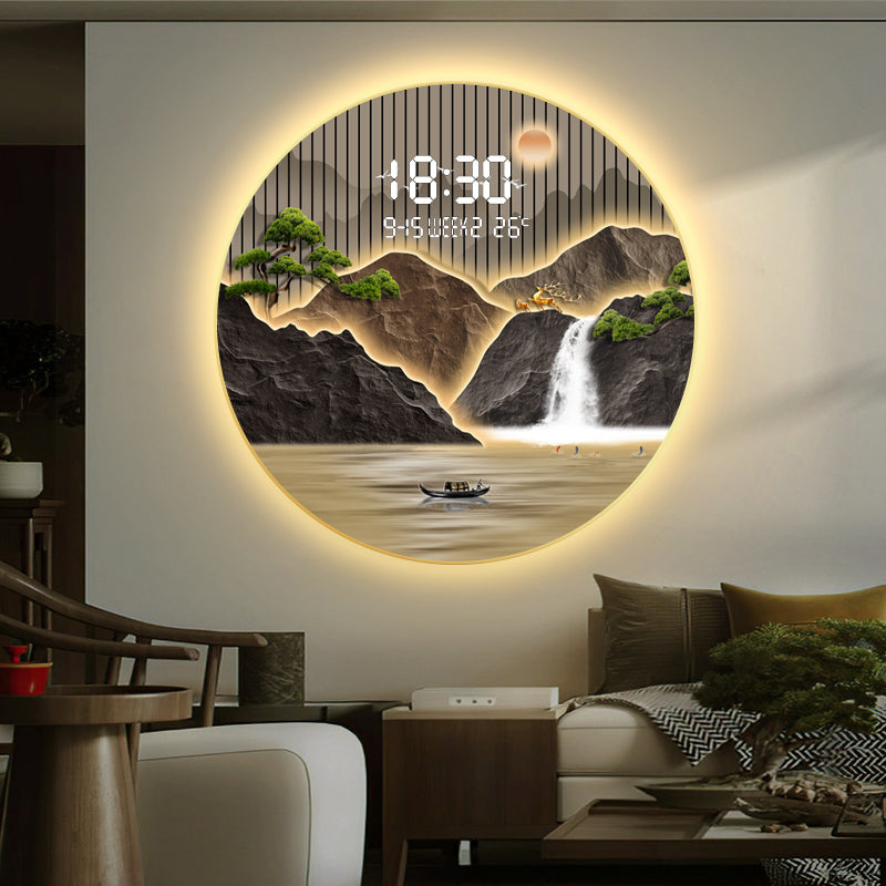 Radiant Crystal Mountain Wall Art with Digital Clock and LED Frame