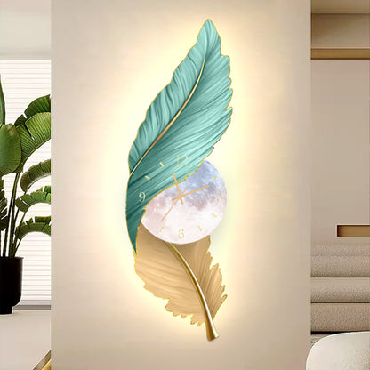 Green and Gold Feather Elegance: LED Wall Art with clock