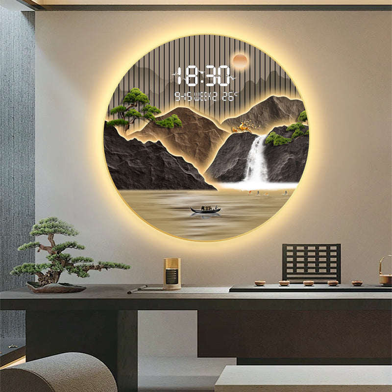 Radiant Crystal Mountain Wall Art with Digital Clock and LED Frame