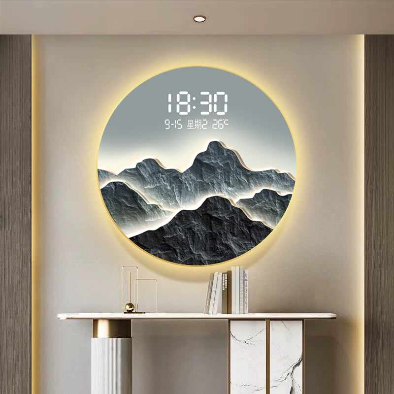 Mountain Silhouette Crystal Wall Art with LED-Backlit Digital Clock