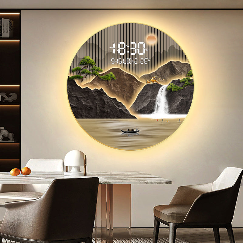 Radiant Crystal Mountain Wall Art with Digital Clock and LED Frame