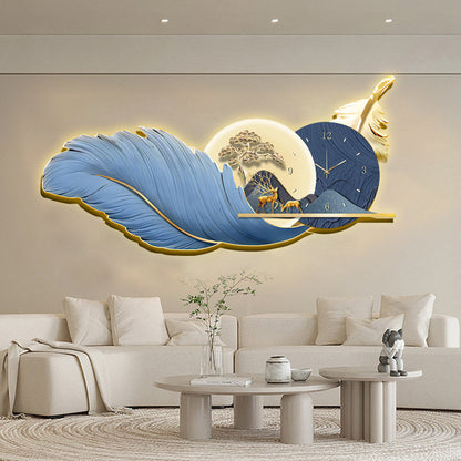 Serene Nightscape with Blue Feather and Deer LED Wall Art