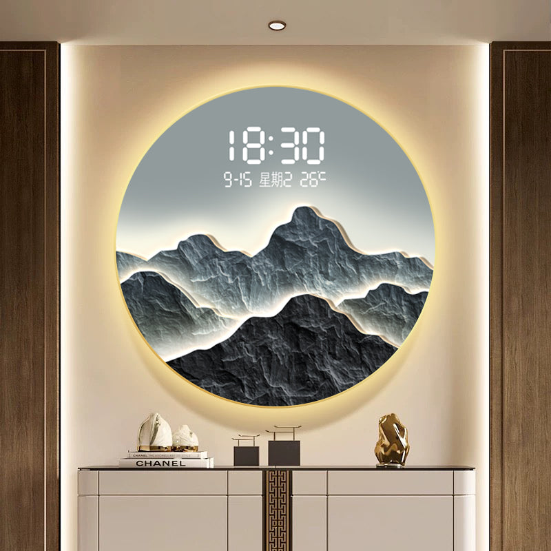 Mountain Silhouette Crystal Wall Art with LED-Backlit Digital Clock